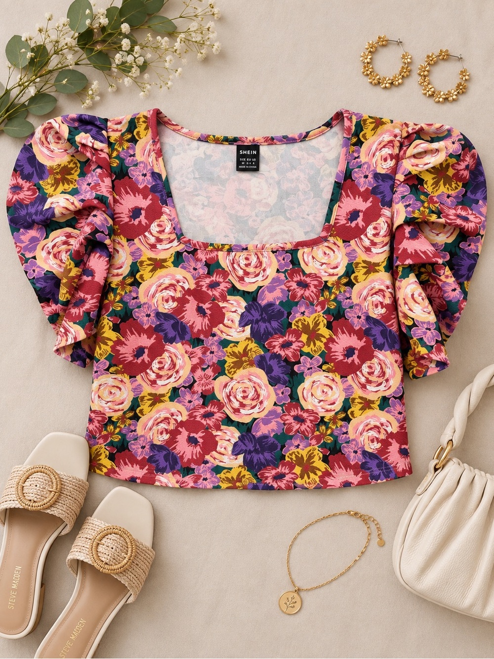 SHEIN Multicolor Floral Puff Sleeve Top Size Large